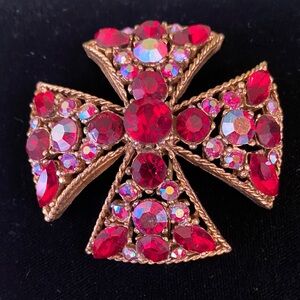 Regency Red Rhinestone Cross Brooch - Fashion Jewelry